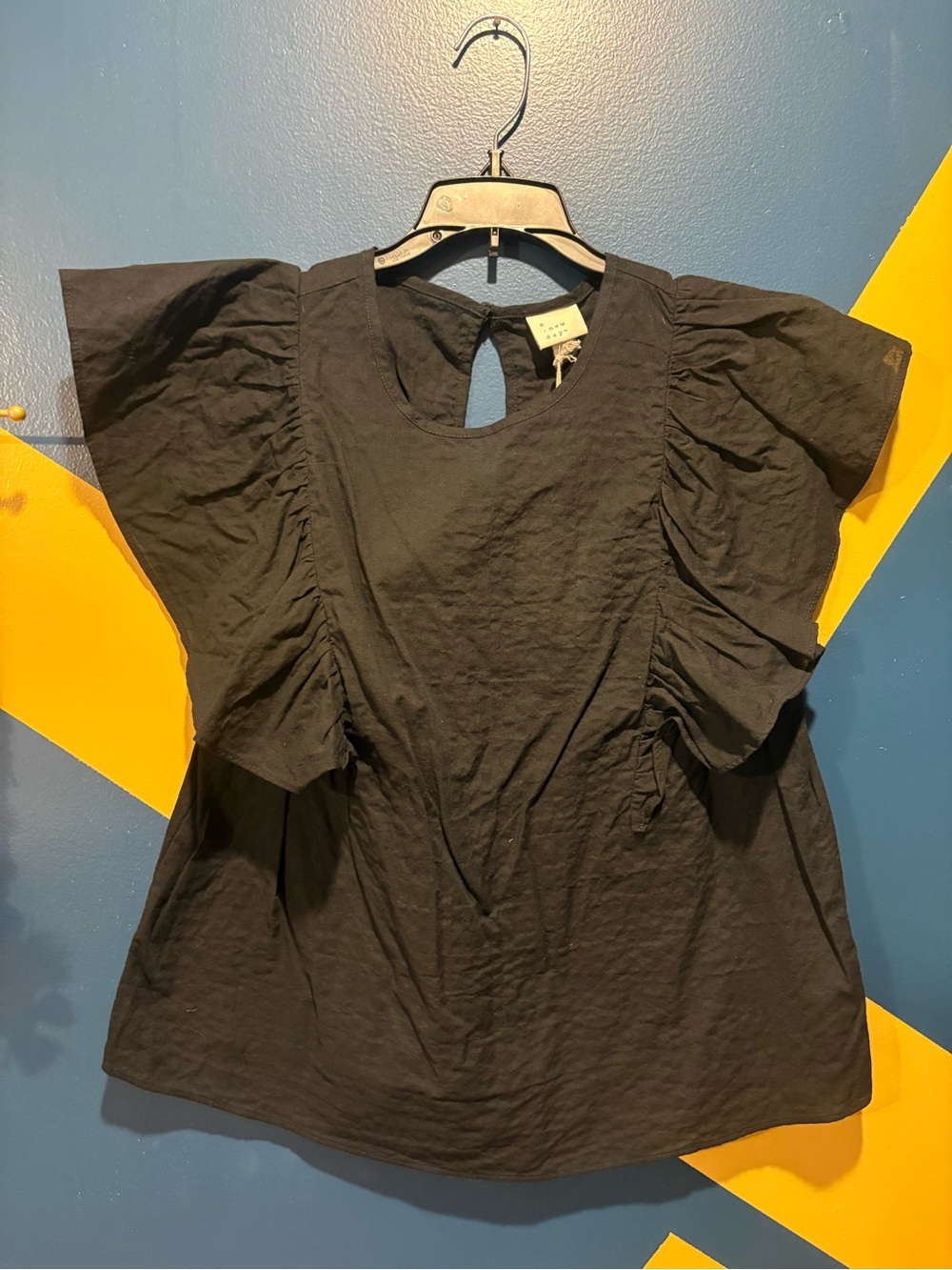 A New Day Black Short Flutter Sleeve Boxy Fit Blouse NWT
